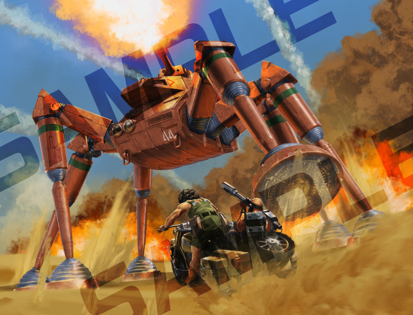 1boy, abitate_f44d_desert_gunner, box_art, brown_hair, chico_biente, driving, extra_legs, fester_bronco, firing, ground_vehicle, highres, mecha, motor_vehicle, motorcycle, official_art, sample, second-party_source, taiyou_no_kiba_dougram, tenjin_hidetaka, turret, walking