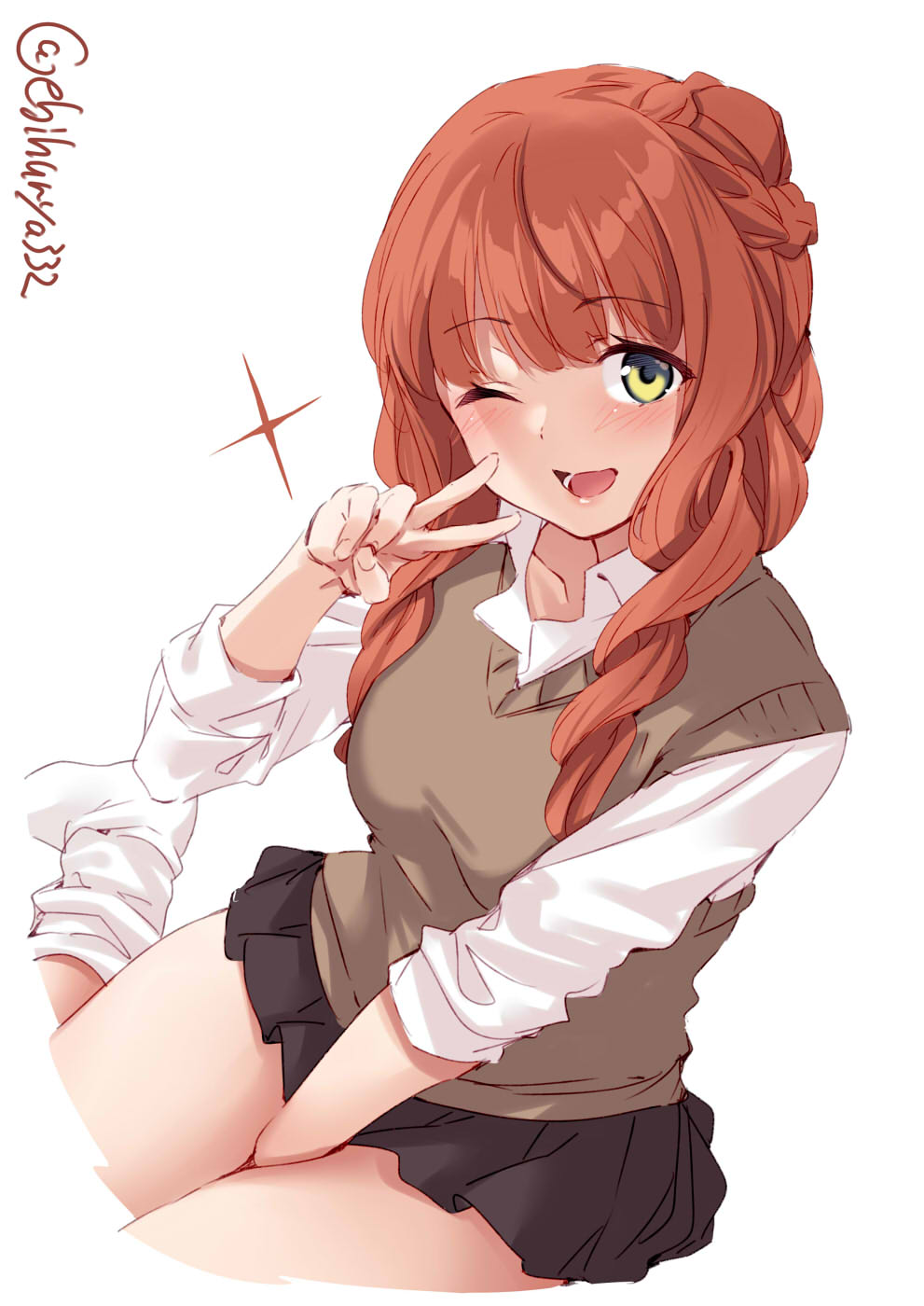 1girl, alternate_costume, bangs, black_skirt, blunt_bangs, blush, braid, brown_vest