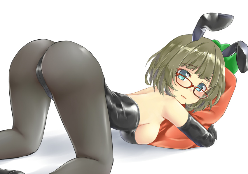 1girl, aimobake, animal_ears, aqua_eyes, ass, bangs, bespectacled, black_footwear
