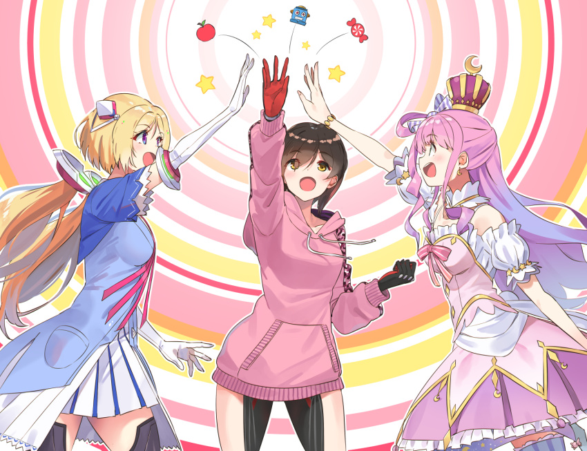 3girls, aki_rosenthal, black_gloves, blonde_hair, blue_eyes, blue_hair, blush, brown_hair