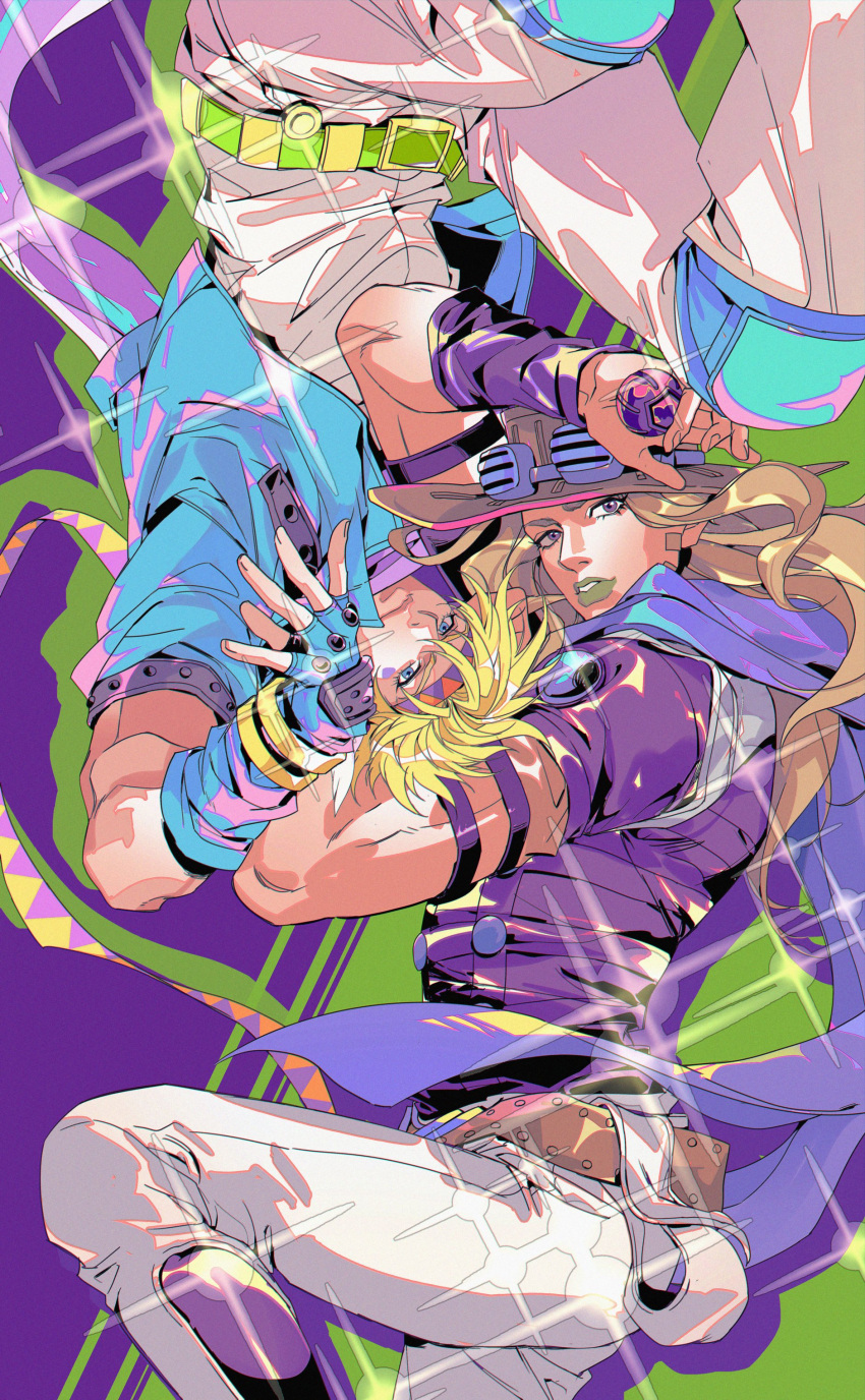 2boys, absurdres, arm_up, armband, battle_tendency, belt, belt_buckle, blonde_hair