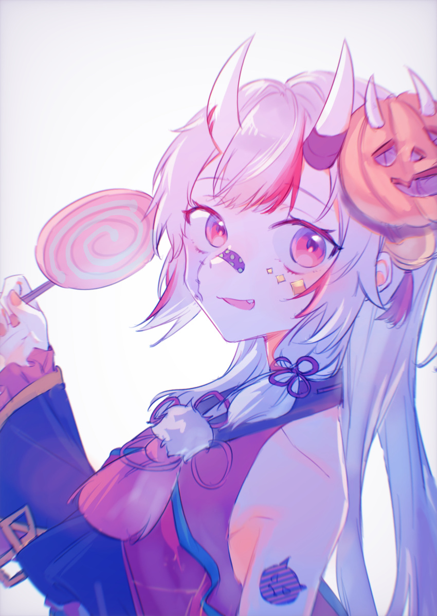 1girl, absurdres, bandaid, bandaid_on_nose, candy, fang, food, grey_background, hair_ribbon, highres, hololive, horns, kuukip, lollipop, long_sleeves, looking_at_viewer, mask, mask_on_head, multicolored_hair, nail_polish, nakiri_ayame, open_mouth, orange_nails, pumpkin_mask, red_eyes, redhead, ribbon, solo, streaked_hair, swirl_lollipop, tress_ribbon, upper_body, virtual_youtuber, white_hair