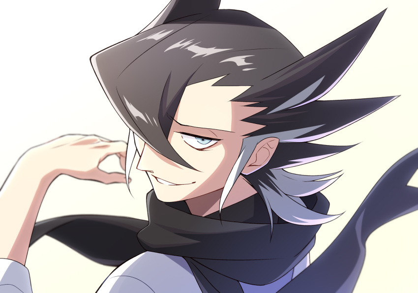 1boy, bangs, black_scarf, blurry, commentary_request, flowing_scarf, from_above, grey_eyes