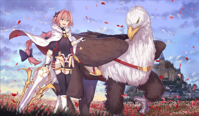 1boy, :d, astolfo_(fate), black_legwear, blue_sky, boots, bow, braid, cape, cape_billowing, castle, day, fang, fate/apocrypha, field, flower, flower_field, garter_straps, gauntlets, hair_bow, hippogriff, holding, holding_lance, holding_polearm, holding_weapon, ibuki_notsu, lance, long_hair, looking_at_viewer, male_focus, open_mouth, outdoors, pink_hair, polearm, purple_bow, red_cape, single_braid, skin_fang, sky, smile, solo, standing, thigh-highs, two-sided_cape, two-sided_fabric, very_long_hair, violet_eyes, walking, weapon, white_cape, white_footwear