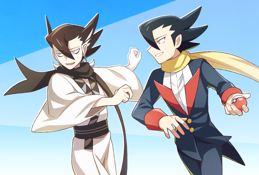 2boys, bangs, black_hair, black_scarf, buttons, commentary_request, dual_persona, flowing_scarf