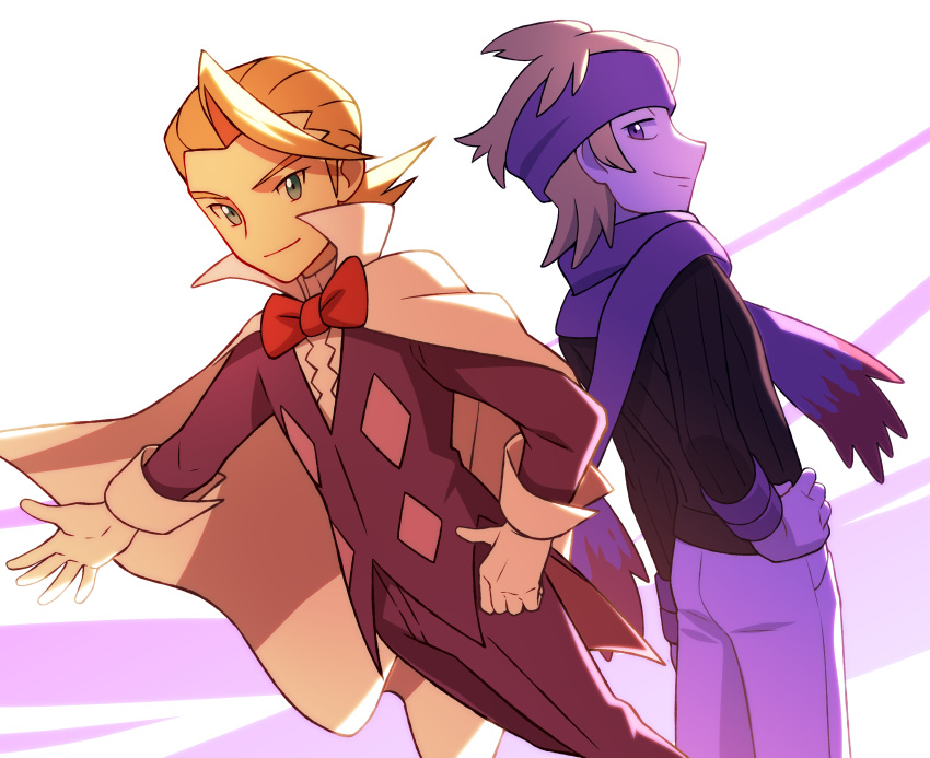 2boys, absurdres, bangs, black_sweater, blonde_hair, bow, bowtie, cape