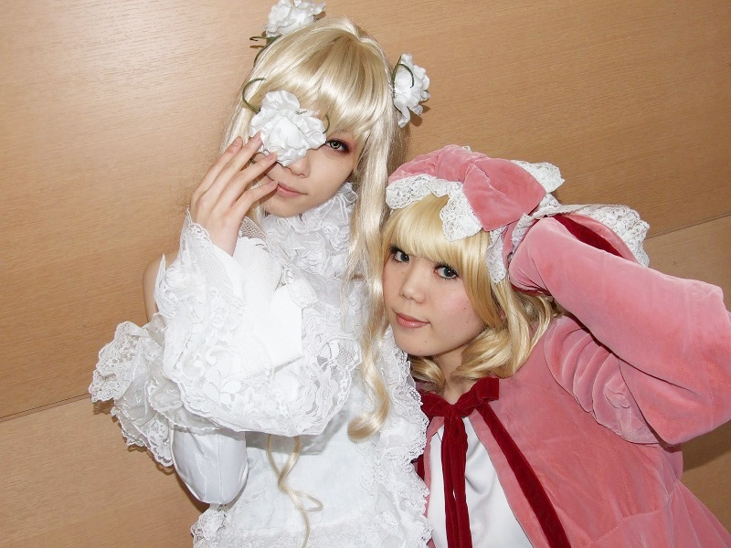 blonde_hair, cosplay, dress, eyepatch, flower, gaku_karin_(model), hair_bow, hina_ichigo