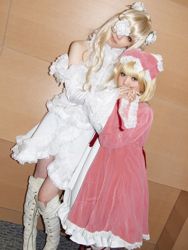 blonde_hair, boots, cosplay, dress, eyepatch, flower, gaku_karin_(model), hair_bow