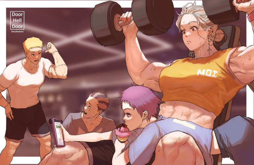 2boys, 2girls, airpro033, black_shorts, blue_shirt, character_name, character_request, copyright_name