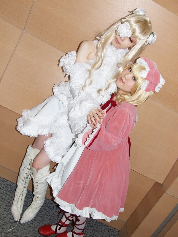 blonde_hair, boots, cosplay, dress, eyepatch, flower, gaku_karin_(model), hair_bow