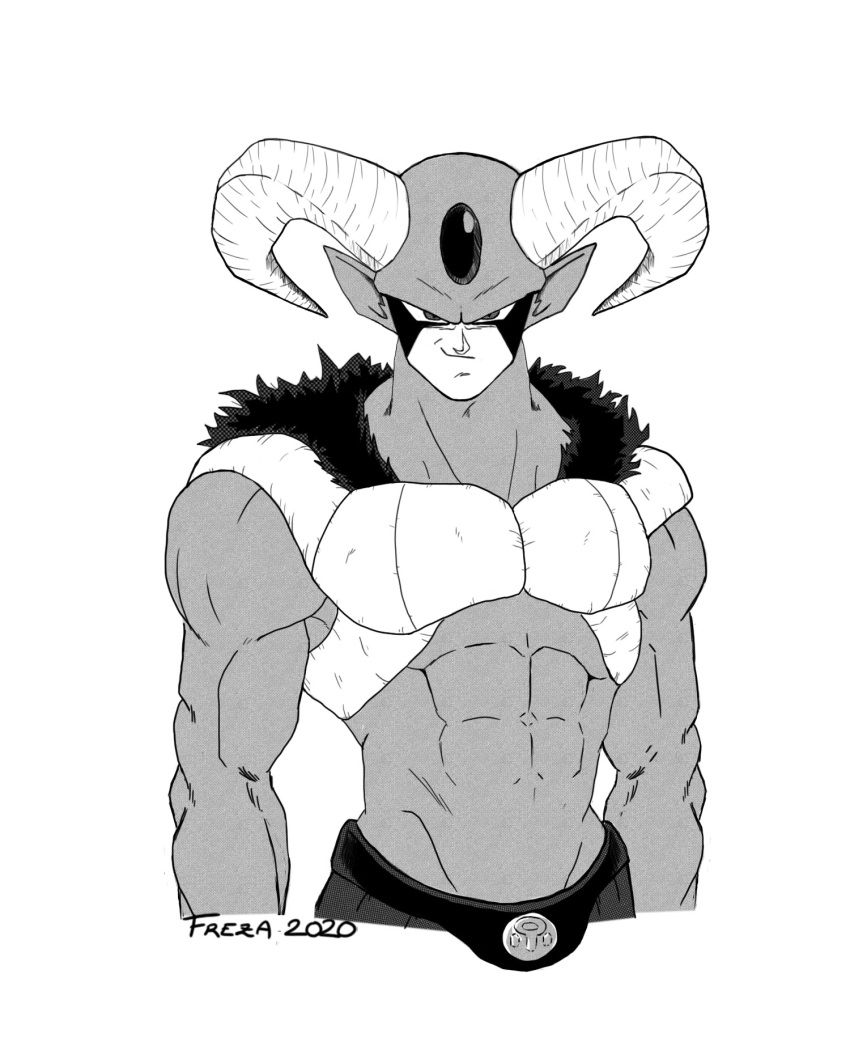 1boy, abs, arms_at_sides, artist_name, belt, closed_mouth, commentary_request, dragon_ball, dragon_ball_super, forehead_jewel, freza, fur, greyscale, highres, horns, male_focus, monochrome, moro_(dragon_ball), muscle, pointy_ears, smirk, solo, upper_body