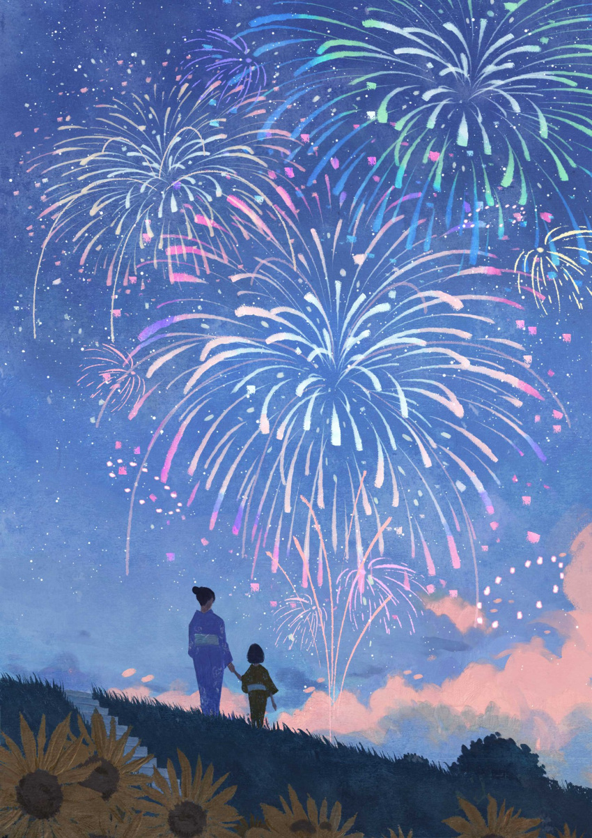 2girls, aerial_fireworks, black_hair, blue_sky, clouds, cloudy_sky, fireworks, flower