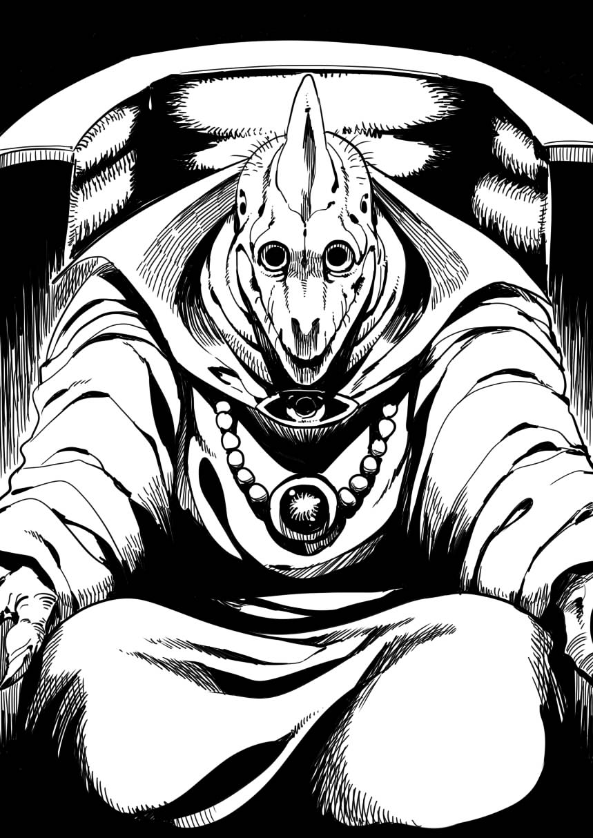 1boy, baramos, dragon_quest, dragon_quest_iii, highres, horror_(theme), looking_at_viewer, monochrome, monster, no_humans, sitting, solo, tukiwani