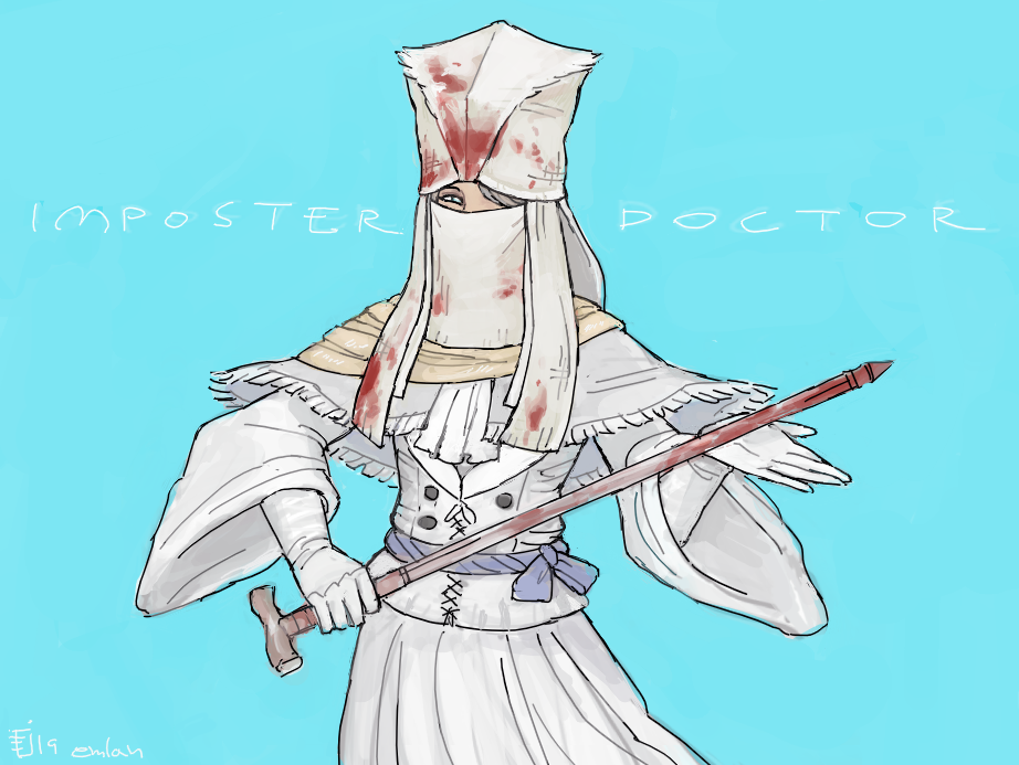 1girl, blood, bloodborne, bloody_clothes, bloody_weapon, blue_background, blue_eyes, blue_sash