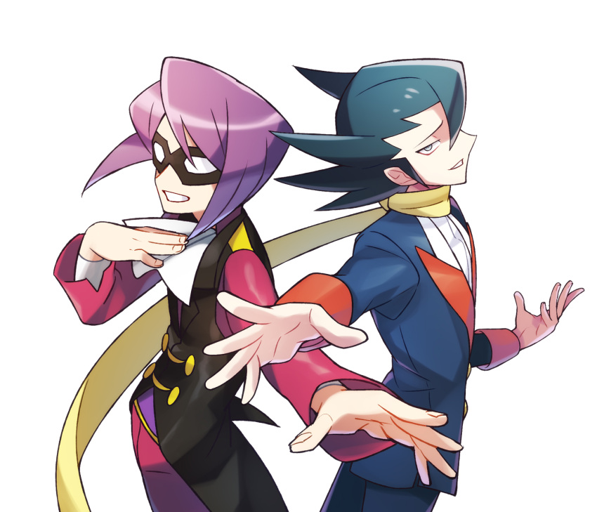 2boys, back-to-back, bangs, buttons, commentary_request, elite_four, eye_mask, fingernails