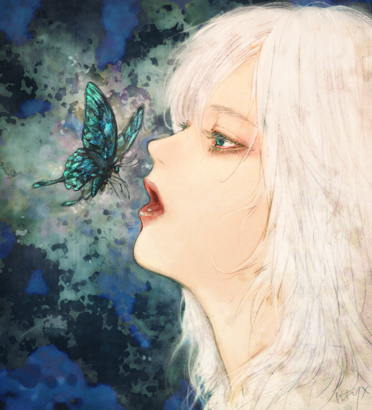 1girl, aqua_eyes, blue_butterfly, bug, butterfly, insect, long_hair, open_mouth