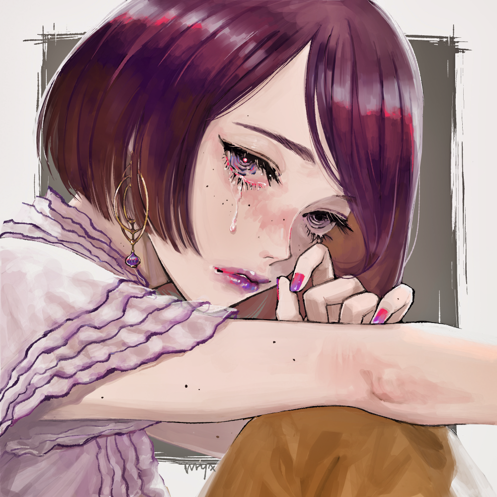1girl, earrings, freckles, gradient_nails, jewelry, lipstick, looking_at_viewer, makeup, original, portrait, purple_hair, purple_lipstick, purple_nails, red_nails, shirt, short_hair, solo, tears, violet_eyes, white_shirt, wryx