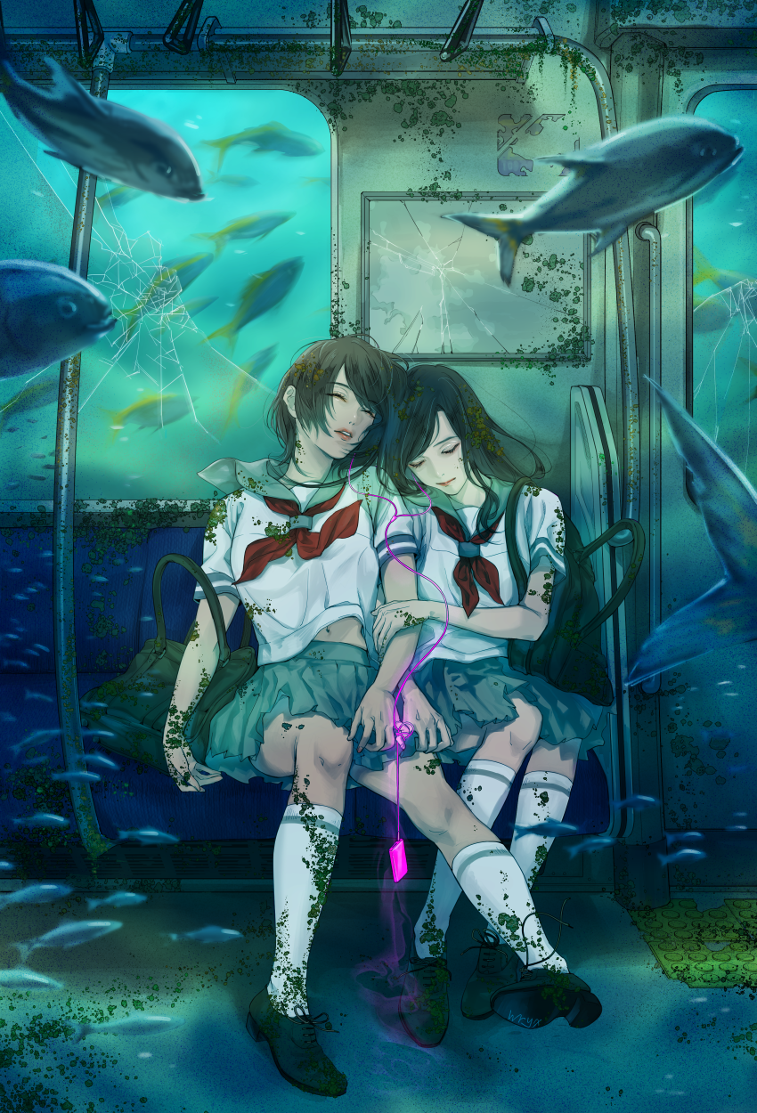 2girls, aqua_sailor_collar, aqua_skirt, bag, black_footwear, black_hair, broken_glass, brown_hair