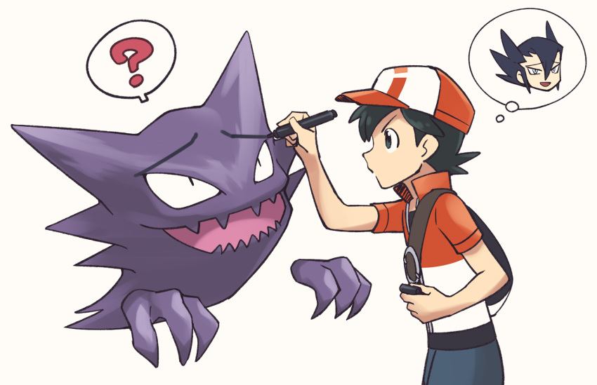 1boy, ?, baseball_cap, black_eyes, black_hair, chase_(pokemon), commentary_request, drawing