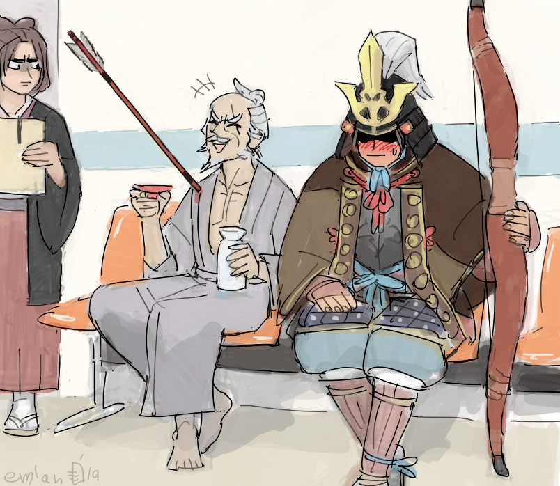 1girl, 2boys, armor, arrow_(projectile), arrow_in_body, ashina_genichirou, ashina_isshin, barefoot