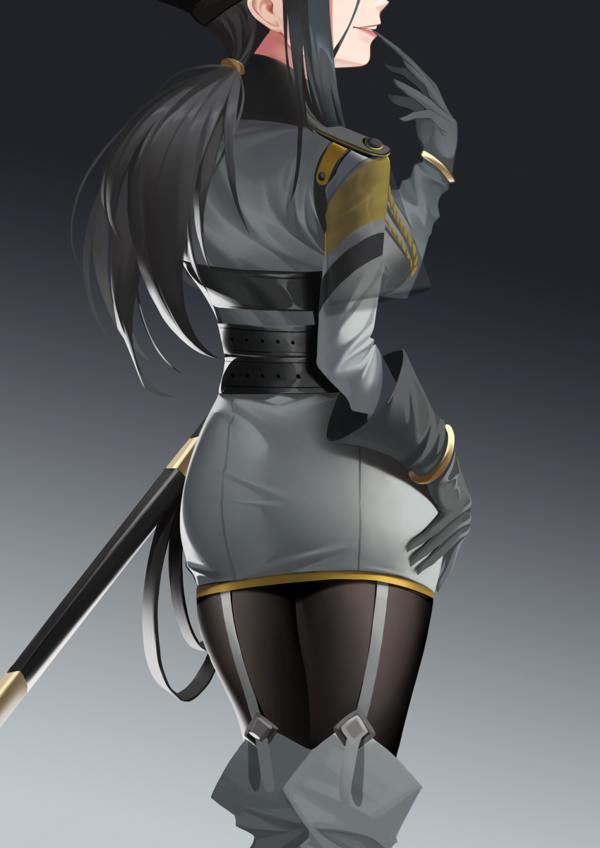 1girl, absurdres, animal_ears, arknights, ass, biting, black_gloves, black_hair