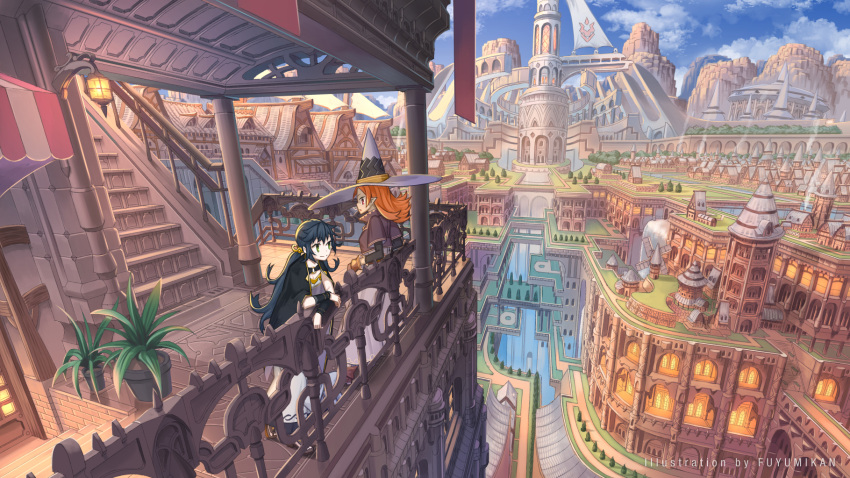2girls, artist_name, balcony, blue_hair, blue_sky, castle, cityscape, closed_mouth, day, fantasy, green_eyes, grey_headwear, hat, highres, long_hair, multiple_girls, nagi_itsuki, orange_hair, original, outdoors, ponytail, railing, scenery, sky, smile, stairs