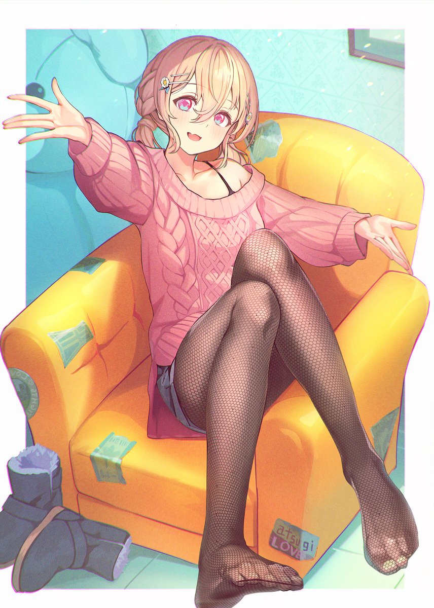 1girl, :d, bangs, blonde_hair, boots, braid, collarbone, couch