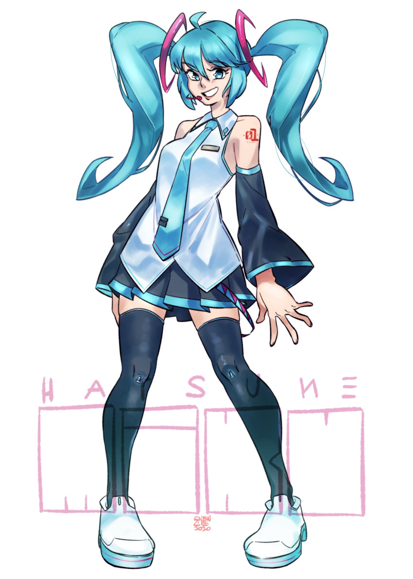 1girl, alternate_hair_length, alternate_hairstyle, black_skirt, blue_eyes, blue_hair, blue_neckwear, character_name