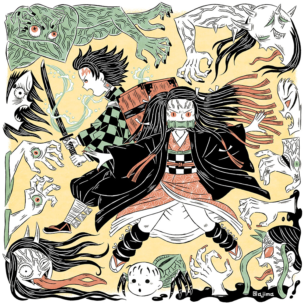 1boy, 1girl, asa_no_ha_(pattern), bit_gag, black_hair, black_haori, black_nails, bug, checkered_jacket, checkered_obi, demon, earrings, facial_scar, floating_hair, forehead_scar, full_body, gag, hair_ribbon, hanafuda, hand_demon_(kimetsu_no_yaiba), haori, holding, holding_sword, holding_weapon, japanese_clothes, jewelry, kamado_nezuko, kamado_tanjirou, kimetsu_no_yaiba, kimono, kyougai_(kimetsu_no_yaiba), limited_palette, long_hair, long_sleeves, looking_at_viewer, monster, multicolored_hair, orange_hair, orange_nails, pink_eyes, pink_kimono, profile, ribbon, sandals, scar, short_hair, slit_pupils, spider, susamaru_(kimetsu_no_yaiba), swamp_demon_(kimetsu_no_yaiba), sword, tajima_naoto, tongue, tongue_demon_(kimetsu_no_yaiba), tongue_out, two-tone_hair, veins, weapon, white_ribbon, yahaba_(kimetsu_no_yaiba)