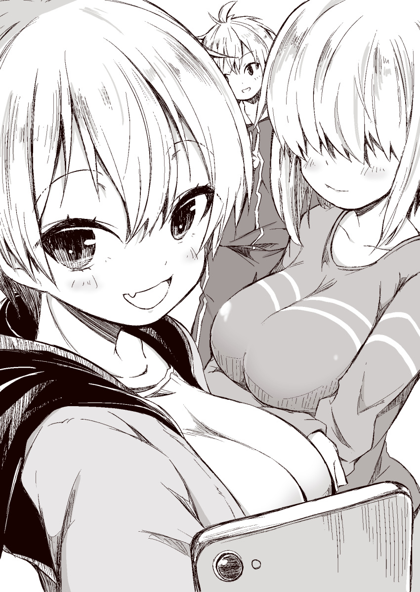 1boy, 2girls, :d, bangs, blush, breasts, brother_and_sister, cellphone