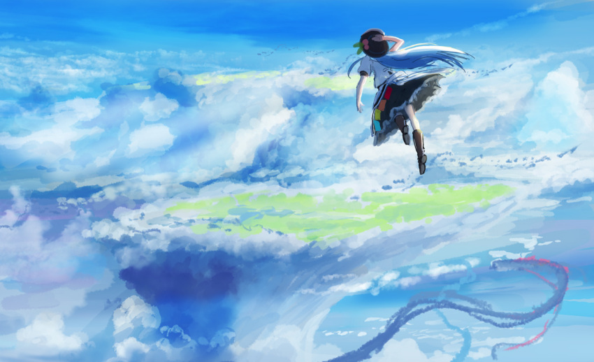 1girl, black_headwear, blouse, blue_hair, boots, brown_footwear, clouds, floating