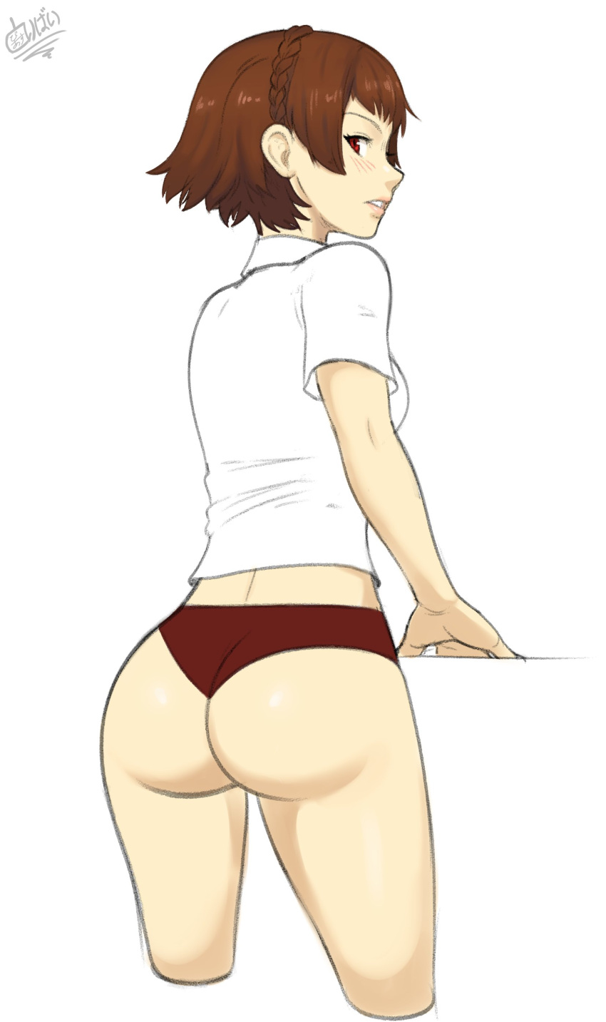 1girl, absurdres, ass, bangs, blush, braid, brown_hair, collared_shirt, crown_braid, facing_away, highres, looking_at_viewer, niijima_makoto, panties, parted_lips, persona, persona_5, red_eyes, red_panties, shirt, short_hair, short_sleeves, simple_background, solo, tobias_leviathan, underwear, white_background, white_shirt