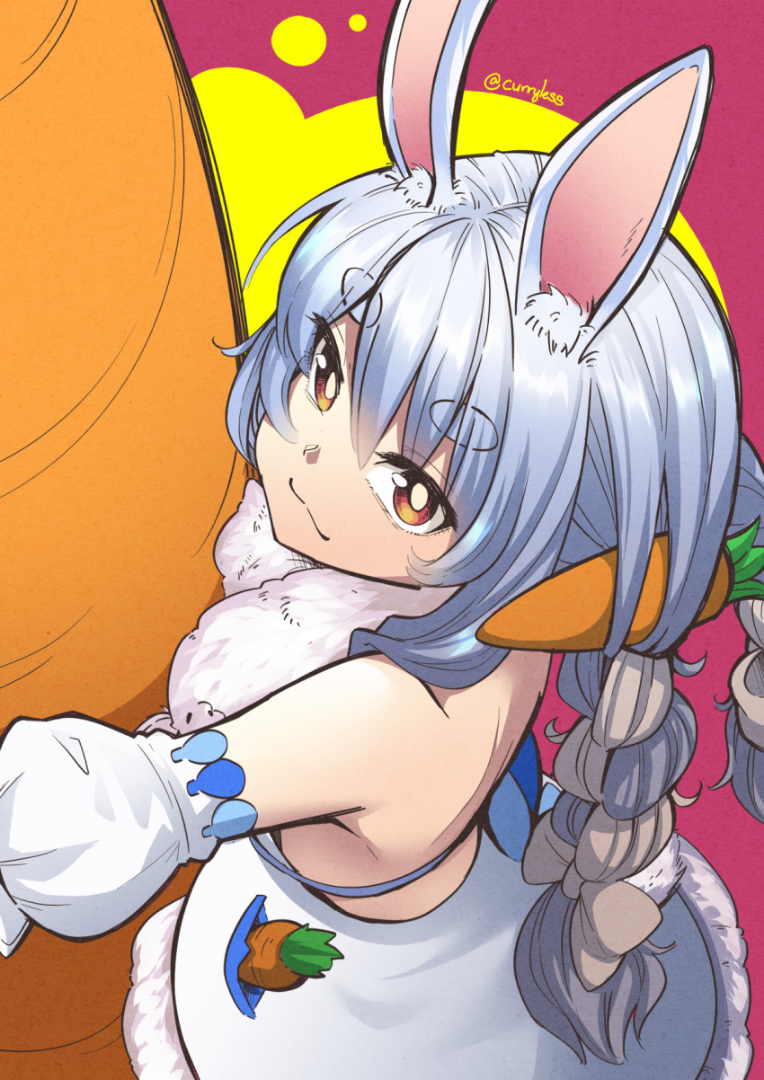 1girl, animal_ears, back, blue_dress, blue_hair, bow, braid, brown_hair