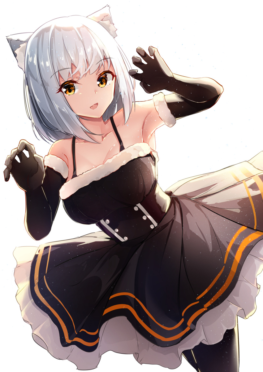 1girl, :d, animal_ear_fluff, animal_ears, armpits, bangs, bare_shoulders, black_dress