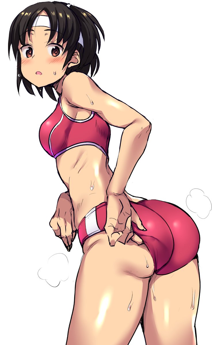 1girl, ass, black_hair, blush, breasts, brown_hair, buruma, buta-don, head_tilt, headband, highres, kantai_collection, medium_breasts, nagara_(kantai_collection), one_side_up, open_mouth, red_buruma, simple_background, solo, sports_bra, sportswear, steam, sweat, white_background
