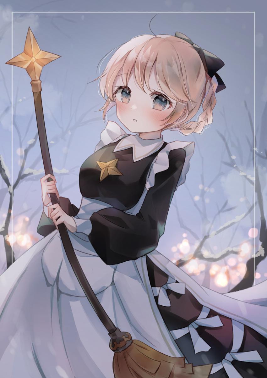 1girl, :o, afk_arena, apron, bangs, bare_tree, black_bow, black_dress