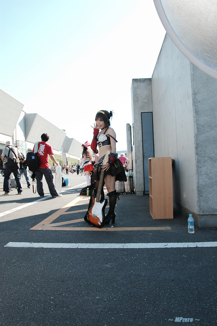 belt, cosplay, elbow_gloves, fishnet_stockings, guitar, hairband, kipi-san, one_kneehigh