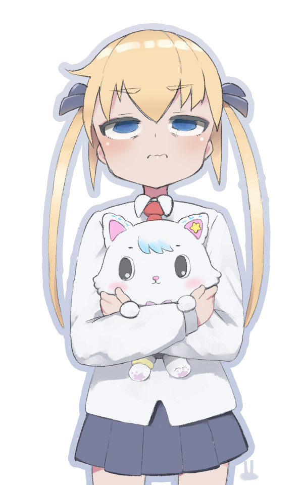 1girl, animal, blue_eyes, cat, closed_mouth, cowboy_shot, eyebrows_visible_through_hair, grey_outline