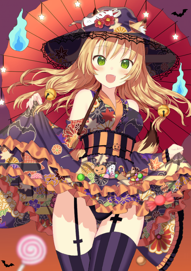 1girl, :d, animal_ears, bangs, bare_shoulders, bell, black_panties, blonde_hair