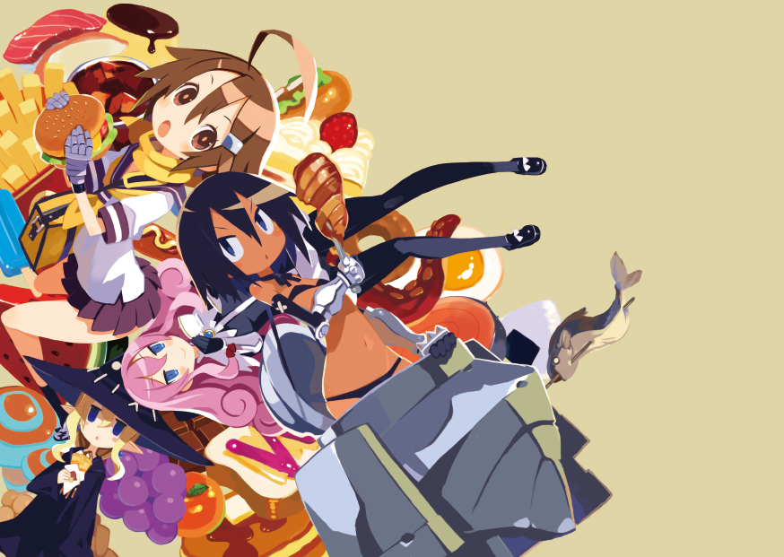 4girls, :o, ahoge, black_hair, blonde_hair, brown_hair, cake, charm_(yuusha_mushoku)