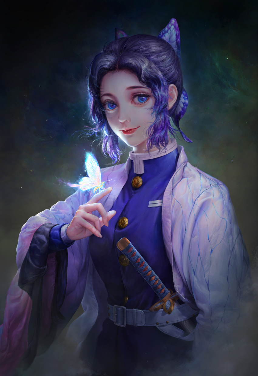 1girl, absurdres, bangs, belt, black_hair, blue_butterfly, blue_eyes, blue_hair, bug, butterfly, butterfly_hair_ornament, butterfly_on_finger, colored_tips, commentary, dated_commentary, english_commentary, eyelashes, glowing, hair_ornament, haori, high_collar, highres, insect, japanese_clothes, joo_yann_ang, katana, kimetsu_no_yaiba, kochou_shinobu, lips, long_sleeves, looking_at_viewer, makeup, multicolored_hair, parted_bangs, parted_hair, purple_hair, sheath, sheathed, short_hair, solo, sword, uniform, upper_body, weapon, white_belt