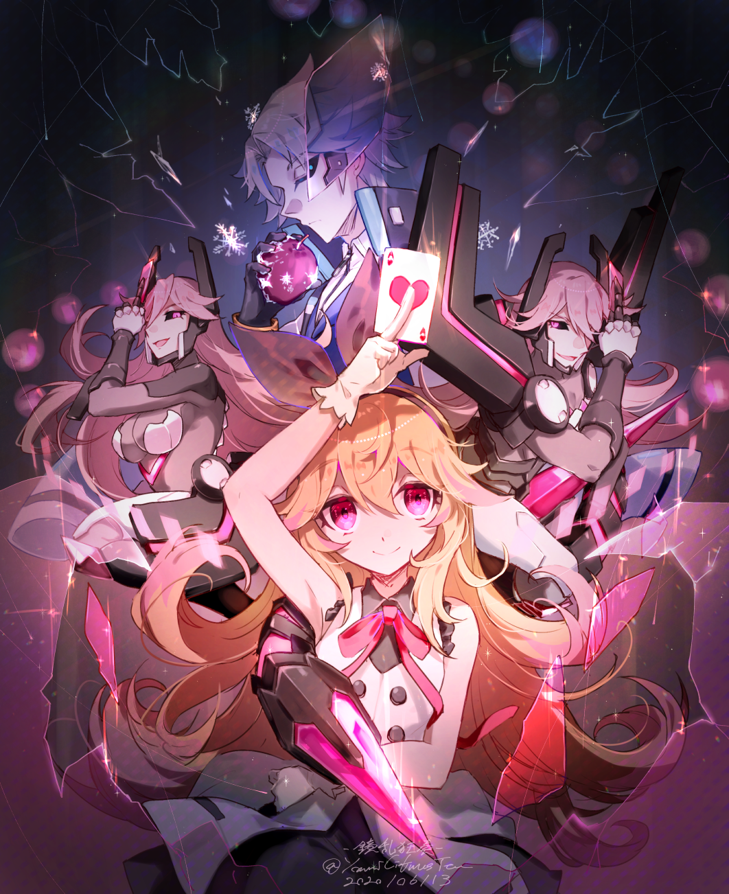 2boys, 2girls, azure_striker_gunvolt, azure_striker_gunvolt_2, blonde_hair, card, highres, holding