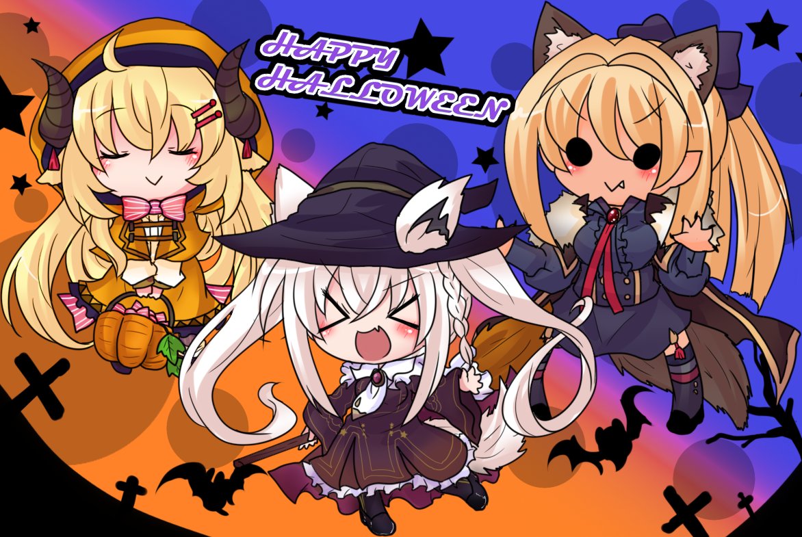 >_<, 3girls, :>, :d, ahoge, animal_ears, bangs, basket, blonde_hair, blue_dress, blush, bow, braid, broom, brown_dress, buuwa, closed_eyes, commentary_request, dress, ears_through_headwear, elf, eyebrows_visible_through_hair, fang, fox_ears, fox_girl, fox_tail, hair_between_eyes, hair_bow, halloween, halloween_costume, holding, holding_basket, holding_broom, hololive, hood, hoodie, horns, long_hair, looking_at_viewer, multiple_girls, o_o, open_mouth, orange_dress, orange_hoodie, pointy_ears, pumpkin, sheep_girl, sheep_horns, shirakami_fubuki, shiranui_flare, sidelocks, single_braid, skin_fang, smile, tail, tsunomaki_watame, twintails, v-shaped_eyebrows, virtual_youtuber, white_hair, wolf_ears, wolf_tail, xd