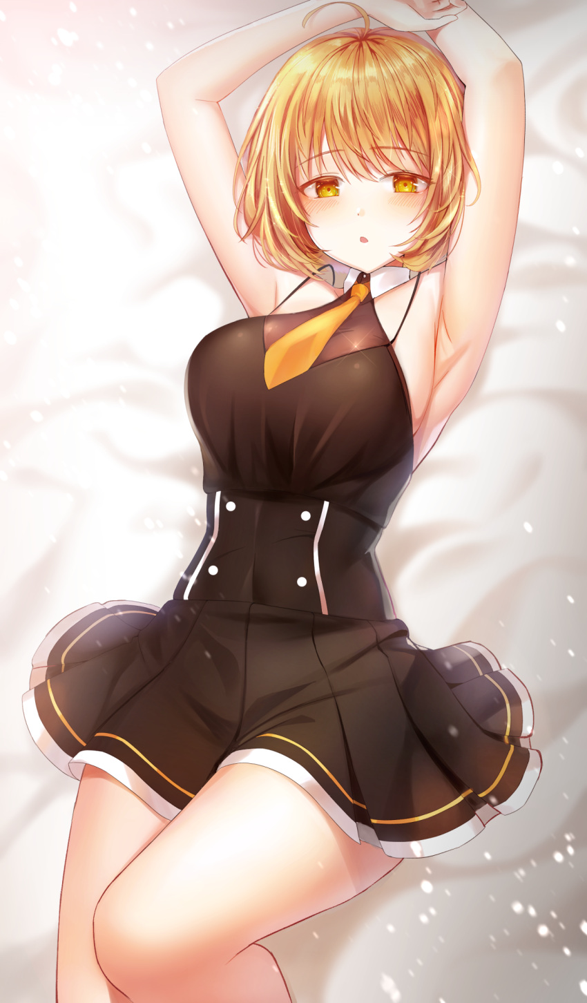 1girl, ahoge, armpits, arms_up, bangs, bindong, black_dress, blonde_hair