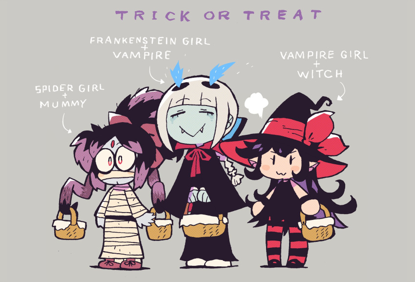 :>, :3, anya_(rariatto), bandages, bangs, basket, black_dress, black_hair
