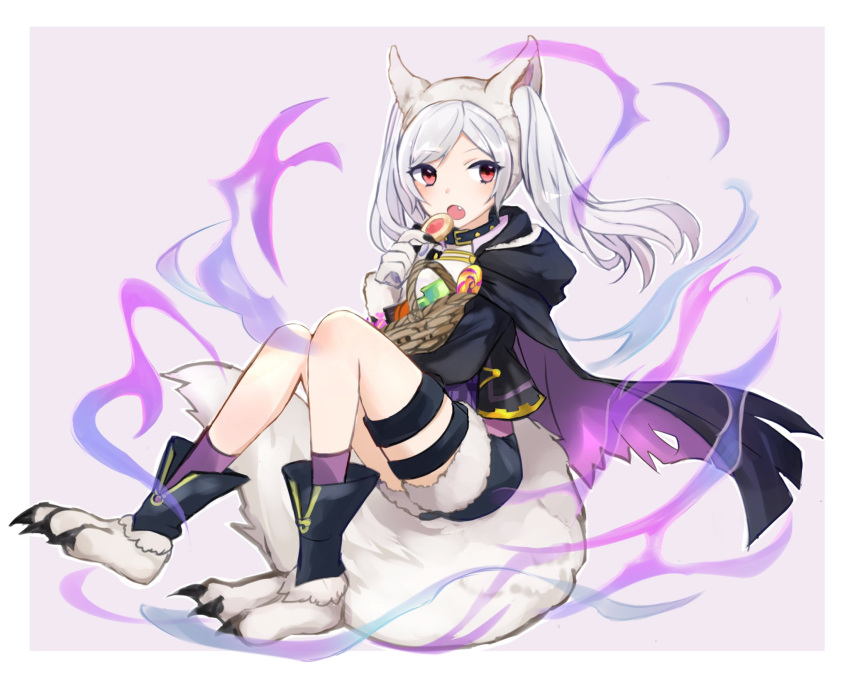 1girl, animal_ears, aura, candy, cookie, dark_aura, fire_emblem, fire_emblem_awakening, fire_emblem_heroes, food, fur_trim, gloves, grima_(fire_emblem), halloween_costume, highres, holding, lollipop, long_hair, open_mouth, paw_gloves, paws, puni_y_y, red_eyes, robin_(fire_emblem), robin_(fire_emblem)_(female), shorts, simple_background, solo, tail, thigh_strap, twintails, white_hair, wolf_ears, wolf_tail