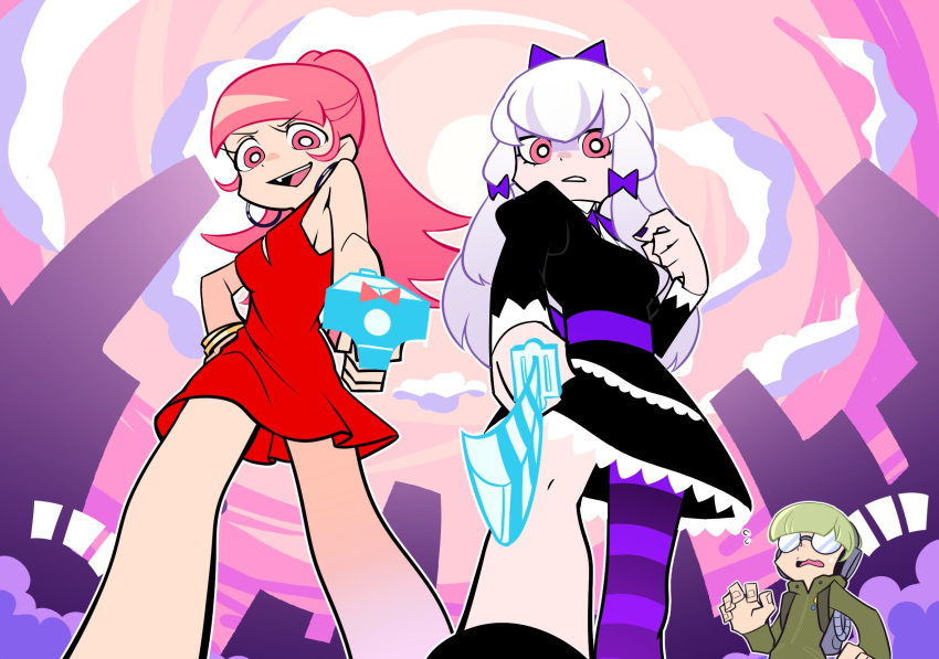 1boy, 2girls, barley_juice, bracelet, dress, fire_emblem, fire_emblem:_three_houses, glasses, green_hair, gun, highres, hilda_valentine_goneril, holding, holding_gun, holding_sword, holding_weapon, ignatz_victor, jewelry, long_hair, long_sleeves, lysithea_von_ordelia, multiple_girls, open_mouth, panty_&amp;_stocking_with_garterbelt, parody, parted_lips, pink_eyes, pink_hair, ponytail, red_dress, short_hair, sleeveless, sleeveless_dress, style_parody, sword, weapon, white_hair