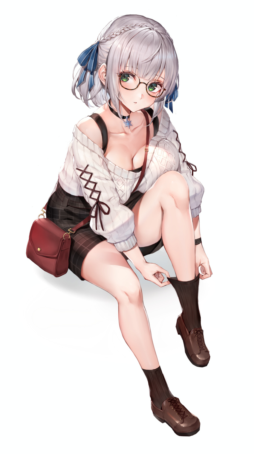 1girl, adjusting_clothes, adjusting_legwear, alternate_costume, bag, bangs, belt, between_breasts