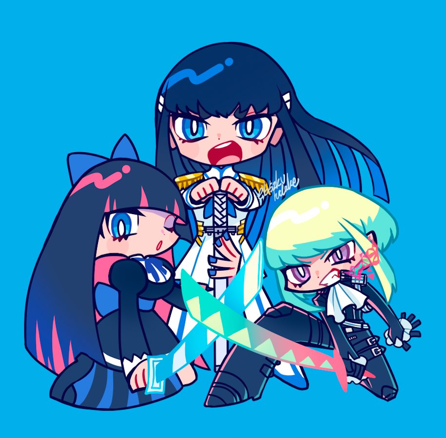 1boy, 2girls, :o, artist_name, back_bow, biker_clothes, black_gloves, black_hair, blue_eyes, blue_nails, boots, bow, bright_pupils, chibi, colored_inner_hair, company_connection, cravat, crossed_swords, dress, epaulettes, full_body, gloves, green_hair, hair_bow, hands_on_hilt, hatake_(hatanosuke), holding, holding_sword, holding_weapon, katana, kill_la_kill, kiryuuin_satsuki, kneeling, lio_fotia, lolita_fashion, long_hair, mad_burnish, multicolored_hair, multiple_girls, one_eye_closed, panty_&amp;_stocking_with_garterbelt, planted_sword, planted_weapon, promare, short_hair, short_hair_with_long_locks, sidelocks, signature, stocking_(psg), striped, striped_legwear, sword, symbol_commentary, thick_eyebrows, thigh-highs, trigger_(company), two-tone_hair, upper_teeth, violet_eyes, weapon