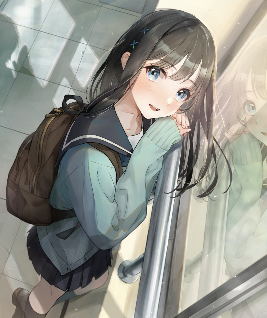 1girl, absurdres, backpack, bag, black_hair, black_skirt, blue_eyes, blush